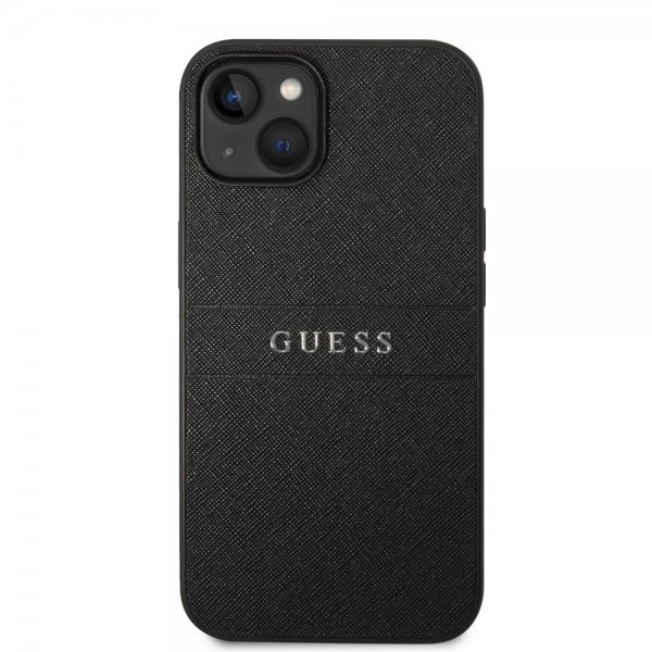 Guess iPhone 14 -suojakuori Saffiano Metal Logo Stripes, musta