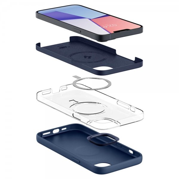 Spigen iPhone 14 -suojakuori Silicone Fit MagFit Navy Blue