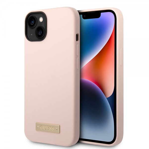 Guess iPhone 14 Suojakuori Silikoni Metallilevy MagSafe Vaaleanpunainen