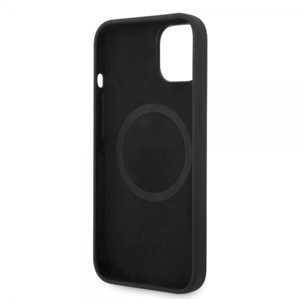 Guess iPhone 13 -kuori, silikoni, metallilevy, MagSafe, musta