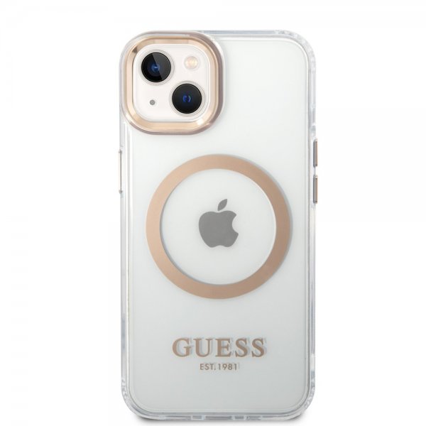 Guess iPhone 14 -läpinäkyvä MagSafe-kuori, kultainen, läpinäkyvä