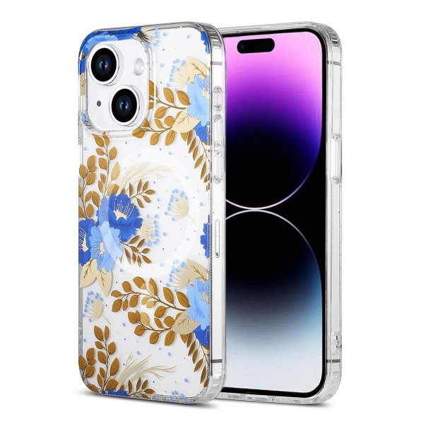 iPhone 14 Plus/iPhone 15 Plus Kuori Kukkakuvio MagSafe Sininen Kulta