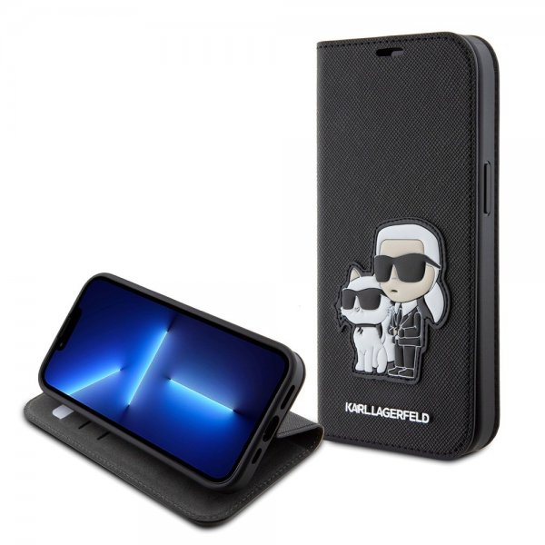 Karl Lagerfeld iPhone 15 -kotelo NFT Karl & Choupette Patch Saffiano Musta