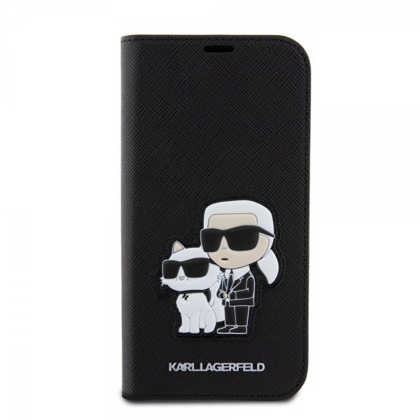 Karl Lagerfeld iPhone 15 -kotelo NFT Karl & Choupette Patch Saffiano Musta