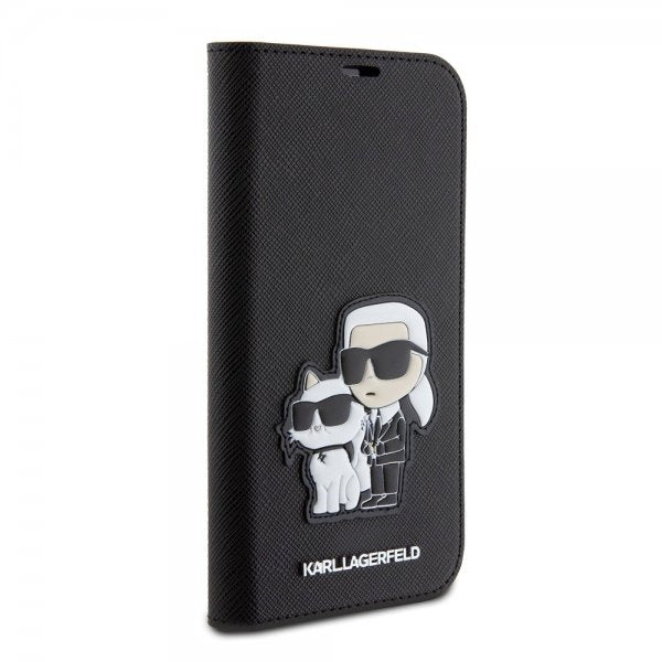 Karl Lagerfeld iPhone 15 -kotelo NFT Karl & Choupette Patch Saffiano Musta