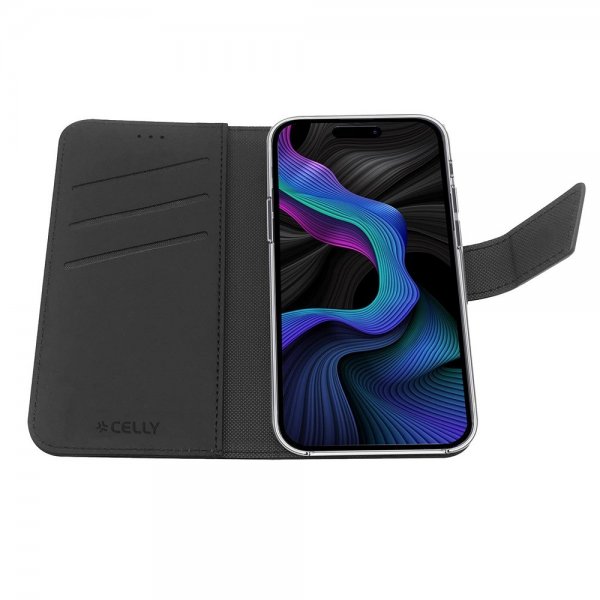 Celly iPhone 15 Suojakotelo Wally Wallet Case Musta