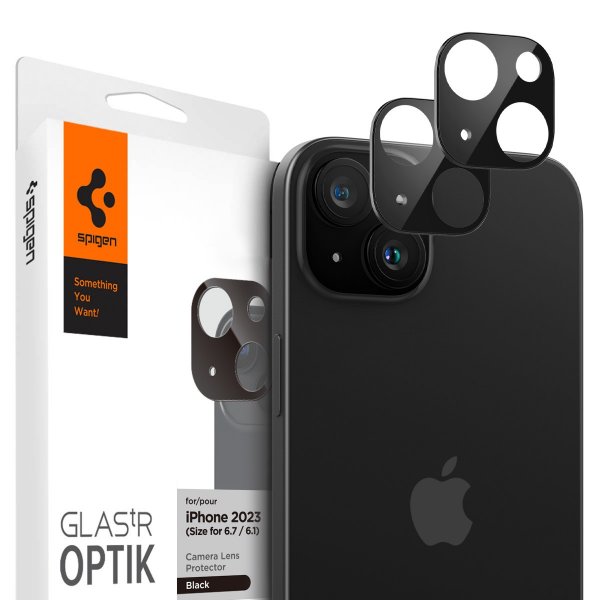 Spigen iPhone 14/15/14 Plus/15 Plus Kameran suojalasi.tR Optik Musta 2 kpl