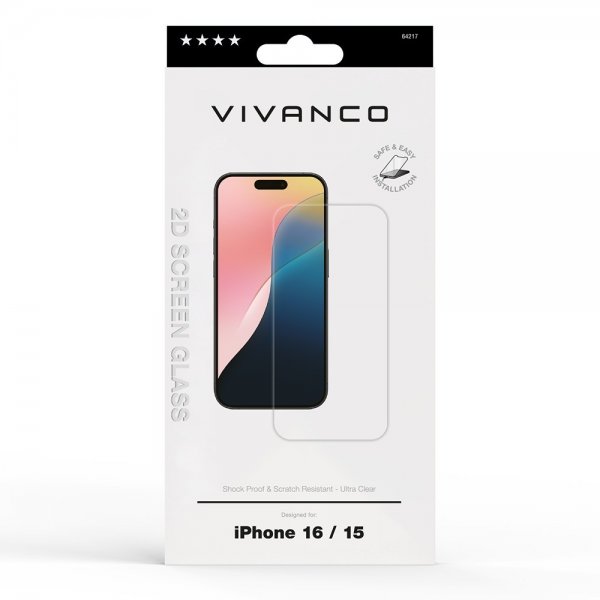 Vivanco iPhone 15/iPhone 16 - Näytönsuoja, karkaistu lasi, 9H