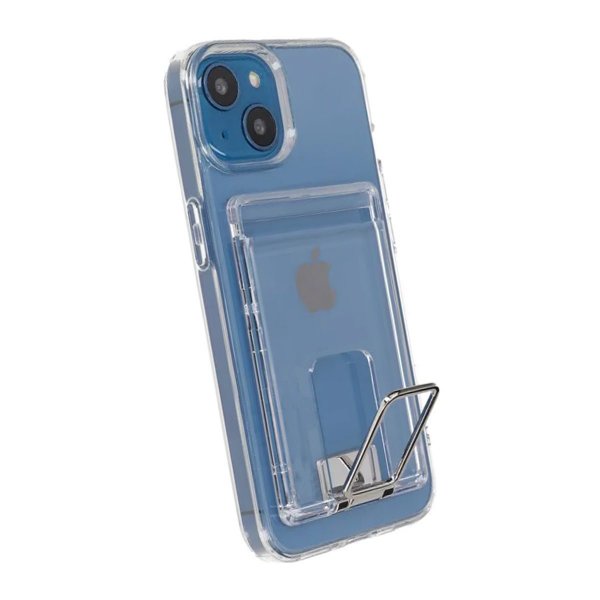 Rvelon iPhone 15 -kuori, jossa jalusta ja korttipidike, läpinäkyvä