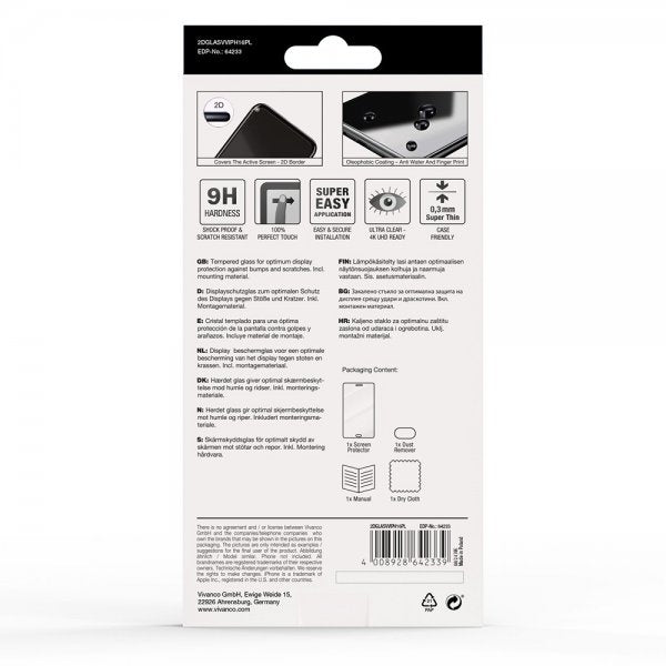 Vivanco iPhone 15 Plus/iPhone 16 Plus - näytönsuojalasi, karkaistu suojalasi 9H