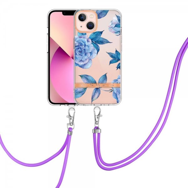 iPhone 15 Plus Suojakuori Kukkakuviointi hihnalla Sininen Pioni