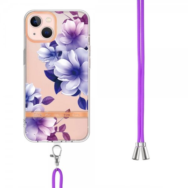 iPhone 15 Plus Kuori Kukkakuviointi hihnalla, violetti begonia