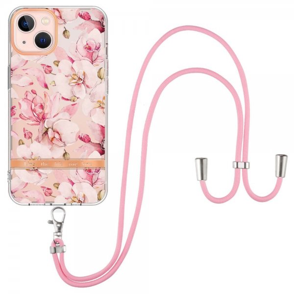 iPhone 15 Plus Suojakuori Kukkakuviolla ja Hihnalla Rosa Gardenia