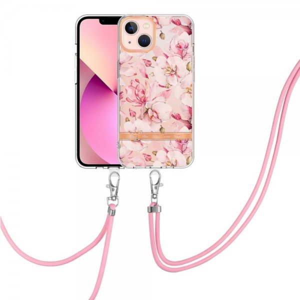 iPhone 15 Plus Suojakuori Kukkakuviolla ja Hihnalla Rosa Gardenia