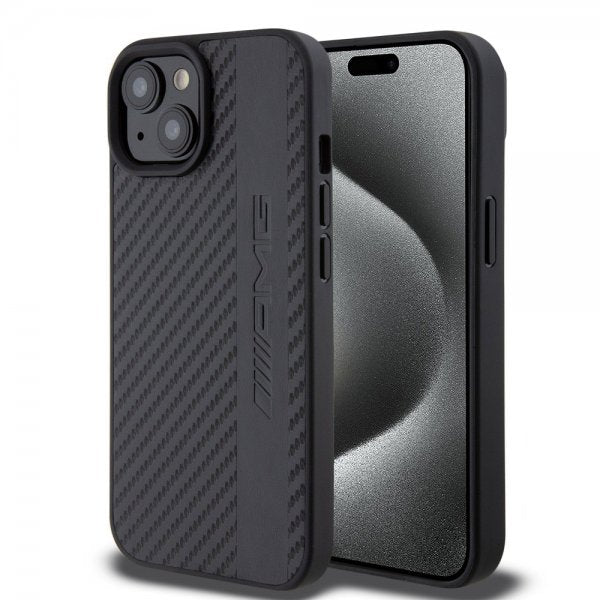 Mercedes Benz iPhone 15 Plus Suojakuori Carbon Effect Leather Stripe AMG Musta