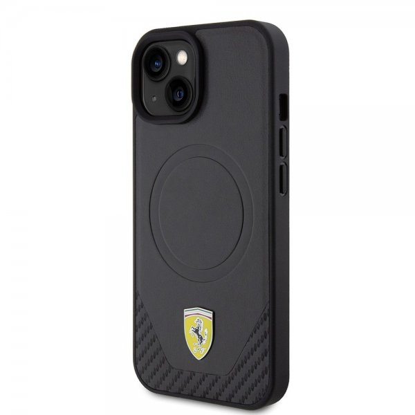 Ferrari iPhone 15 Plus Suojakuori Carbon PU Nahka MagSafe Musta