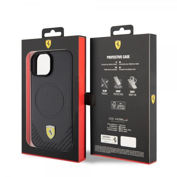 Ferrari iPhone 15 Plus Suojakuori Carbon PU Nahka MagSafe Musta