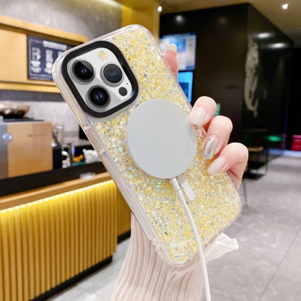 iPhone 15 Plus Suojakuori Glitter MagSafe Keltainen