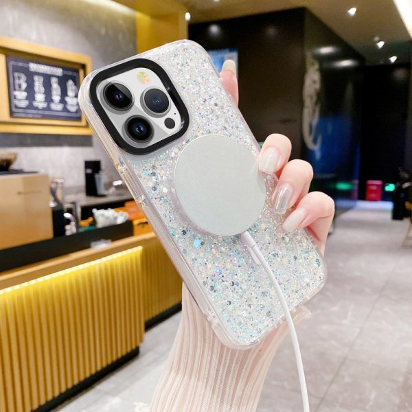 iPhone 15 Plus Suojakuori Glitter MagSafe Valkoinen