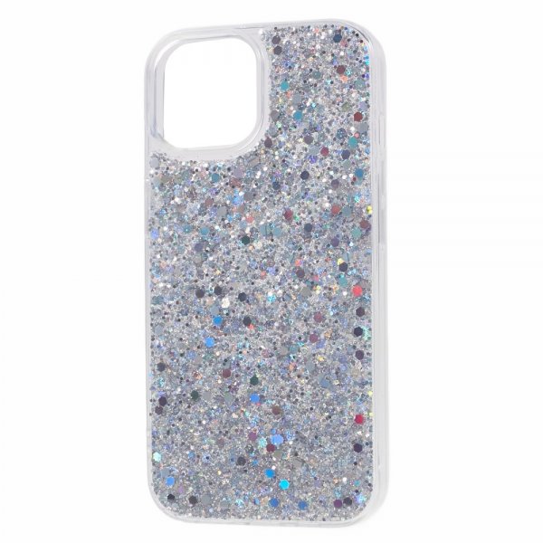 iPhone 15 Plus Suojakuori Glitterpaljeteilla Hopea