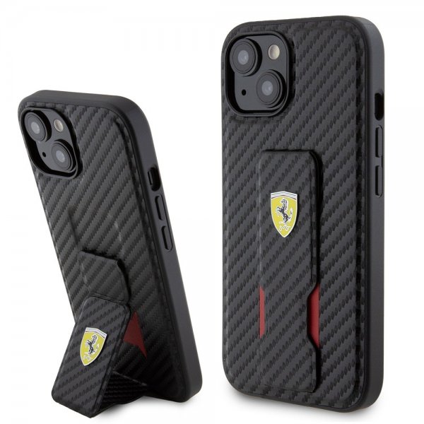 Ferrari iPhone 15 Plus Suojakuori Grip Stand -toiminnolla Musta