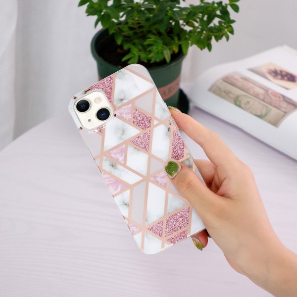 iPhone 15 Plus Suojakuori Marmorikuviointi Vaaleanpunainen Harmaa