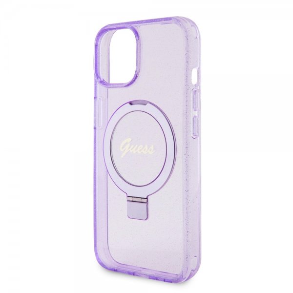 Guess iPhone 15 Plus Suojakuori Sormusteline Glitter MagSafe Violetti