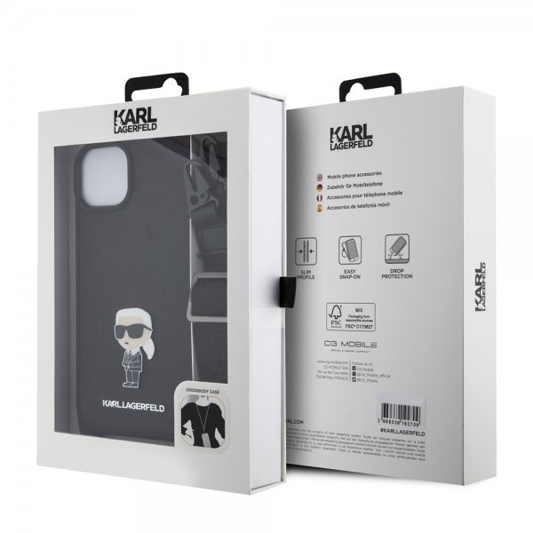 Karl Lagerfeld iPhone 15 Plus -suojakuori, Saffiano Crossbody, musta