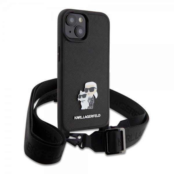 Karl Lagerfeld iPhone 15 Plus Suojakuori Saffiano Karl & Choupette Crossbody Musta