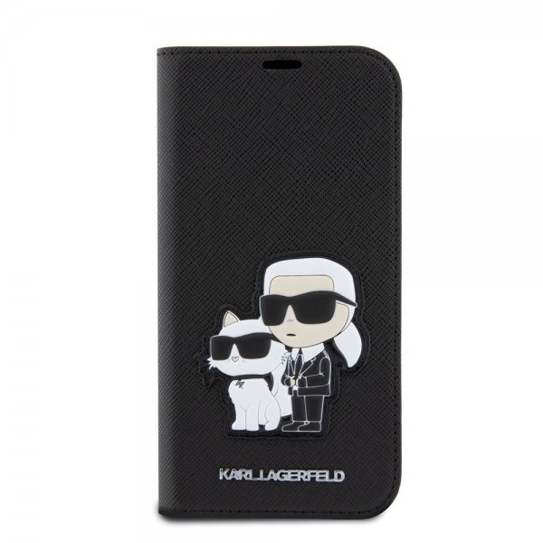 Karl Lagerfeld iPhone 15 Pro -suojakotelo NFT Karl & Choupette Patch Saffiano Musta