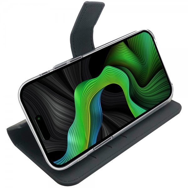 Celly iPhone 15 Pro -kotelo, Wally-lompakkokotelo, musta