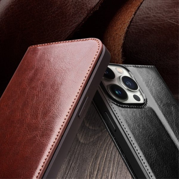 Qialino iPhone 15 Pro Max -kotelo, aitoa nahkaa, ruskea