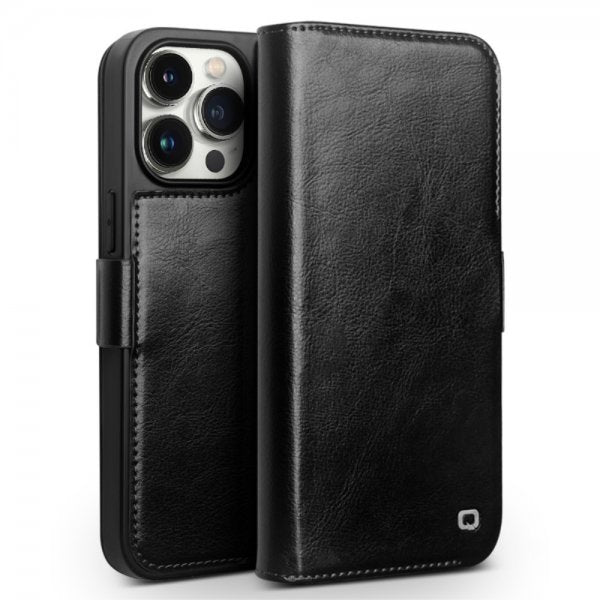 Qialino iPhone 15 Pro Max Aito Nahkakotelo Musta