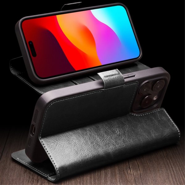 Qialino iPhone 15 Pro Max Aito Nahkakotelo Musta