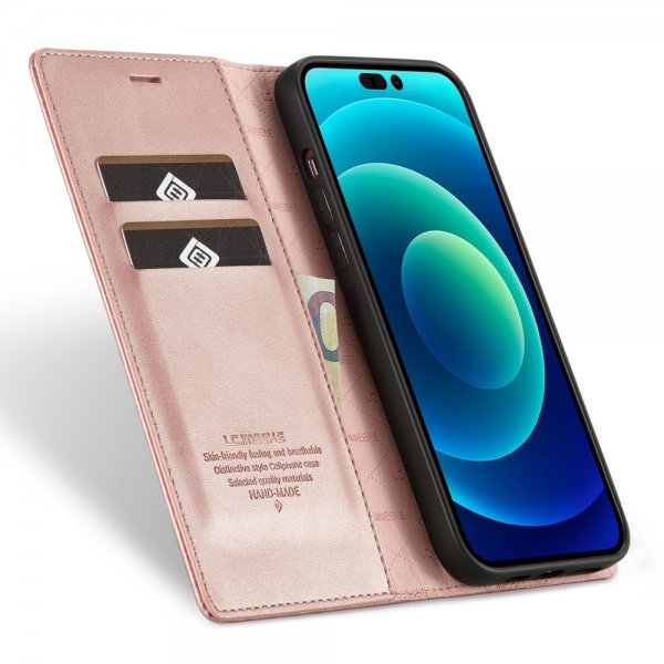 Lc.Imeeke iPhone 15 Pro Max -kotelo korttipaikalla, kääntökansi, ruusukulta
