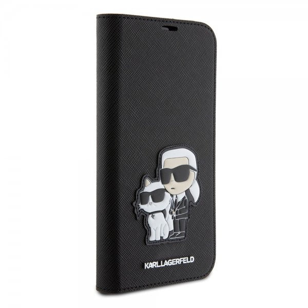 Karl Lagerfeld iPhone 15 Pro Max -kotelo, NFT Karl & Choupette Patch, Saffiano, musta