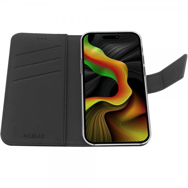 Celly iPhone 15 Pro Max -kotelo Wally Wallet Case Musta