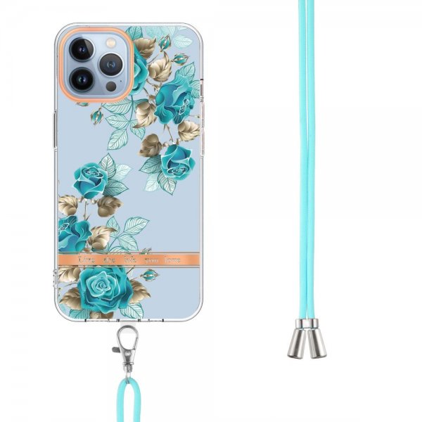 iPhone 15 Pro Max Kuori Kukkakuviointi hihnalla Siniset Ruusut