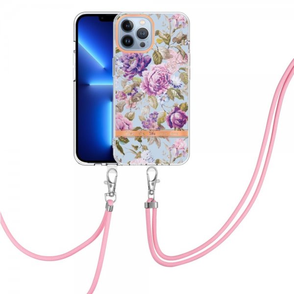 iPhone 15 Pro Max Kuori Kukkakuviointi hihnalla, violetti pioni