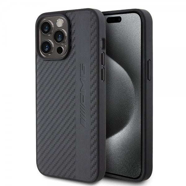 Mercedes Benz iPhone 15 Pro Max Kuori Hiilikuituvaikutelma Nahkainen Raita AMG Musta