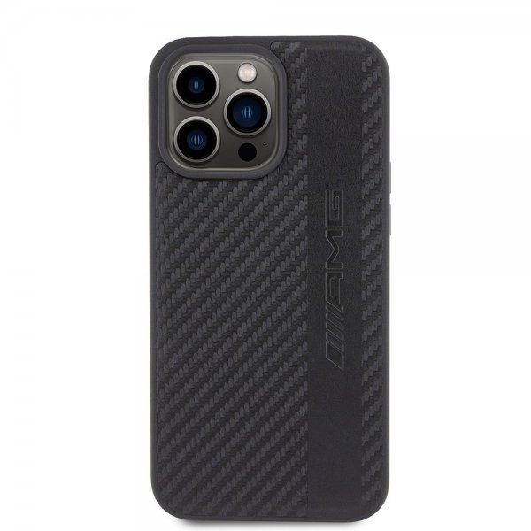 Mercedes Benz iPhone 15 Pro Max Kuori Hiilikuituvaikutelma Nahkainen Raita AMG Musta