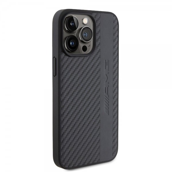 Mercedes Benz iPhone 15 Pro Max Kuori Hiilikuituvaikutelma Nahkainen Raita AMG Musta