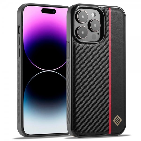 Lc.Imeeke iPhone 15 Pro Max Kuori Hiilikuitutekstuuri Punainen Raita Musta
