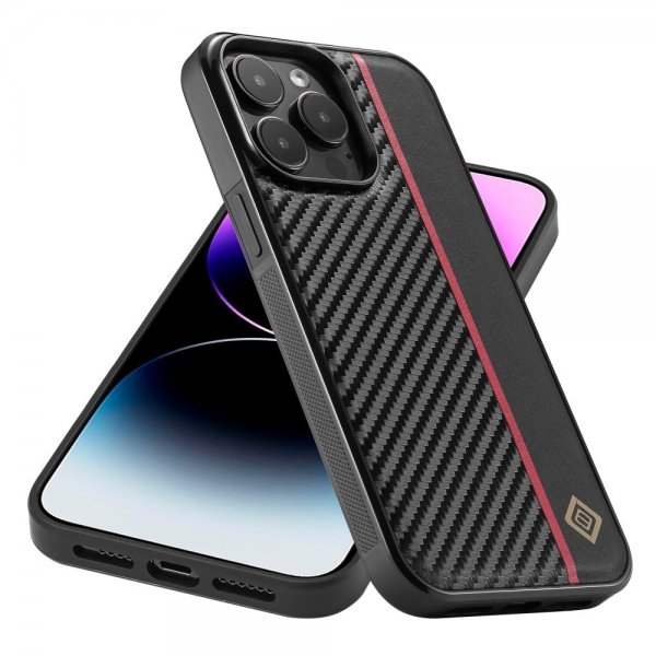 Lc.Imeeke iPhone 15 Pro Max Kuori Hiilikuitutekstuuri Punainen Raita Musta