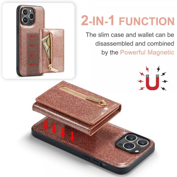 Dg.Ming iPhone 15 Pro Max Suojakuori M3-sarja Irrotettava Korttipidike Glitter Ruusukulta