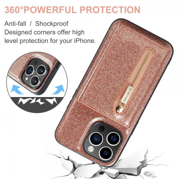 Dg.Ming iPhone 15 Pro Max Suojakuori M3-sarja Irrotettava Korttipidike Glitter Ruusukulta