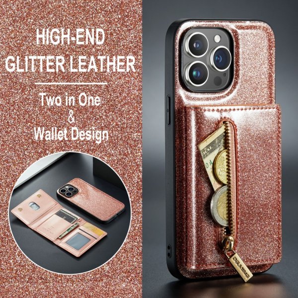 Dg.Ming iPhone 15 Pro Max Suojakuori M3-sarja Irrotettava Korttipidike Glitter Ruusukulta