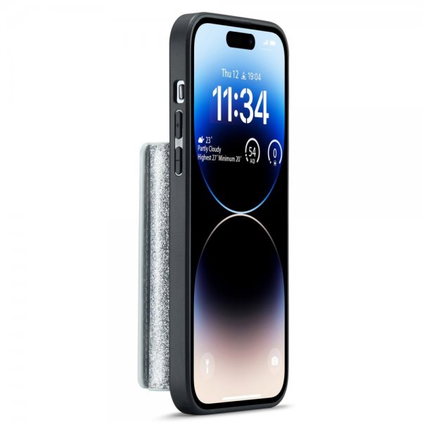 Dg.Ming iPhone 15 Pro Max Kuori M3-sarjan irrotettava korttipidike, kimalteleva hopea