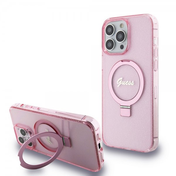 Guess iPhone 15 Pro Max Kuori Sormustandardilla Glitter MagSafe Roosa