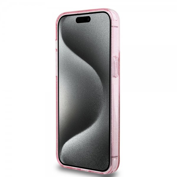Guess iPhone 15 Pro Max Kuori Sormustandardilla Glitter MagSafe Roosa